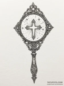 A beautiful, ornate hand mirror, reflecting a... - эскиз тату (№1752160975_0, 10.07.2025 15:22) — Tatufoto.com