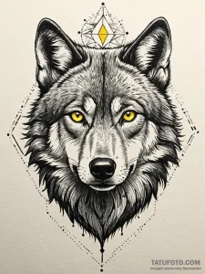 A beautiful, realistic black wolf, its eyes g... - эскиз тату (№1752161562_0, 10.07.2025 15:32) — Tatufoto.com