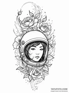 A woman wearing an astronaut helmet, her refl... - эскиз тату (№1752161646_0, 10.07.2025 15:34) — Tatufoto.com
