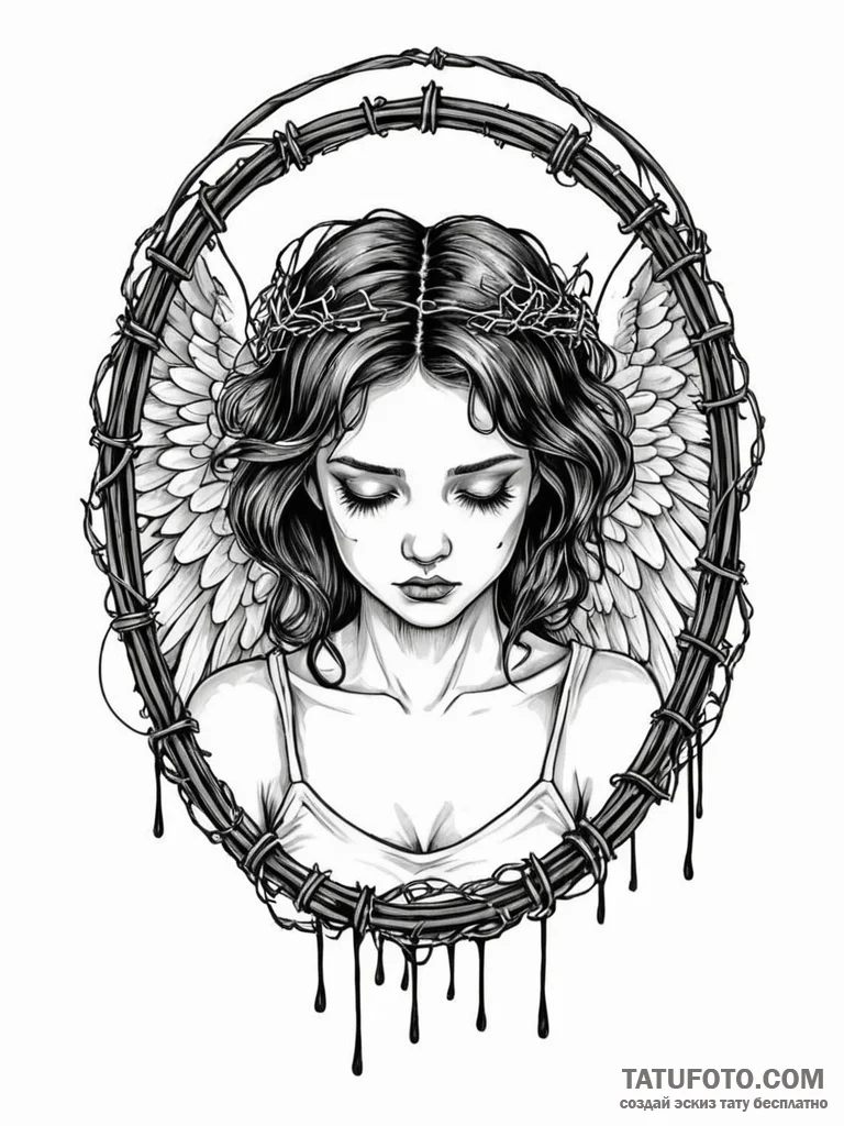 A portrait of a sad angel, her halo is a ring… — эскиз тату (№1752163083_0, 10.07.2025 15:58) — Tatufoto.com