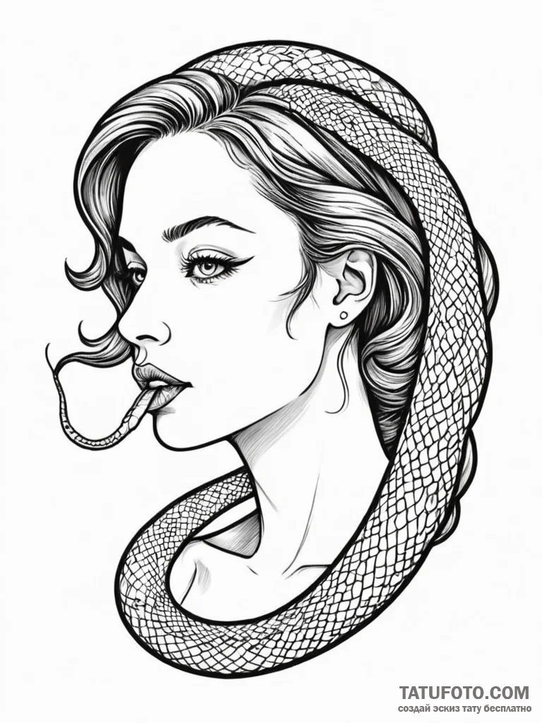 A portrait of a woman, with a snake's tongue,... - эскиз тату (№1752163339_0, 10.07.2025 16:02) — Tatufoto.com
