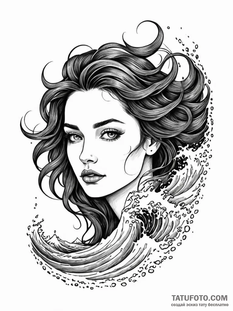A portrait of a beautiful woman, her hair is... - эскиз тату (№1752163594_0, 10.07.2025 16:06) — Tatufoto.com