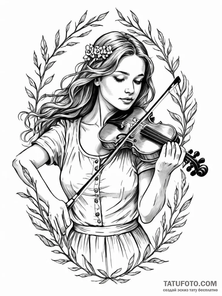A girl playing a violin, but the violin is ma... - эскиз тату (№1752163764_0, 10.07.2025 16:09) — Tatufoto.com