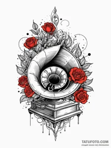 A realistic gramophone, its horn is spewing a... - эскиз тату (№1752164618_0, 10.07.2025 16:23) — Tatufoto.com
