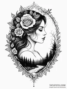 A woman's silhouette, with a lush forest and... - эскиз тату (№1752165868_0, 10.07.2025 16:44) — Tatufoto.com