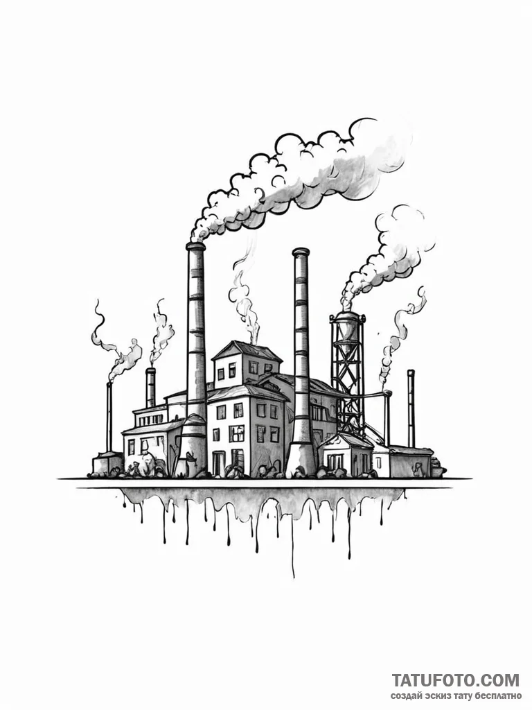 A simple outline of a factory with smoke comi... - эскиз тату (№1752166144_0, 10.07.2025 16:49) — Tatufoto.com
