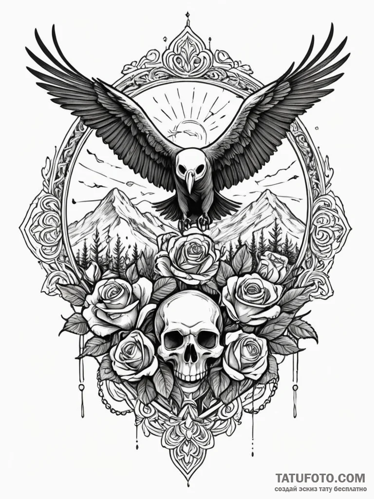 A pack of vultures, circling overhead, concep… — эскиз тату (№1752166568_0, 10.07.2025 16:56) — Tatufoto.com