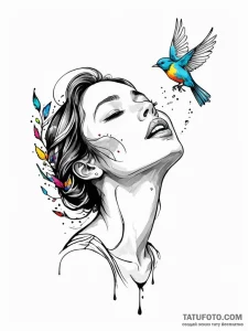 A woman whose tears are tiny, colorful songbi... - эскиз тату (№1752167248_0, 10.07.2025 17:07) — Tatufoto.com