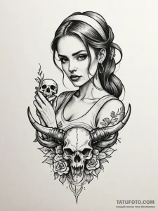 A woman holding a small, intricate bird skull... - эскиз тату (№1752167333_0, 10.07.2025 17:08) — Tatufoto.com