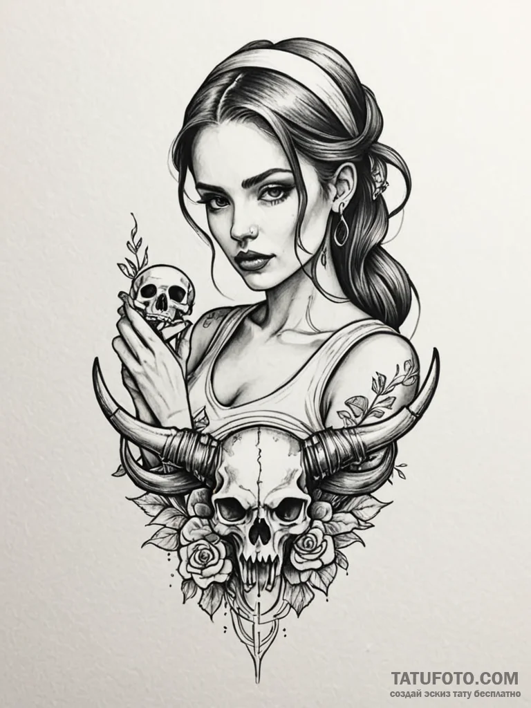A woman holding a small, intricate bird skull... - эскиз тату (№1752167333_0, 10.07.2025 17:08) — Tatufoto.com