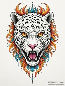 Jaguar mask devouring celestial flame, tattoo... - эскиз тату (№1752167761_0, 10.07.2025 17:16) — Tatufoto.com