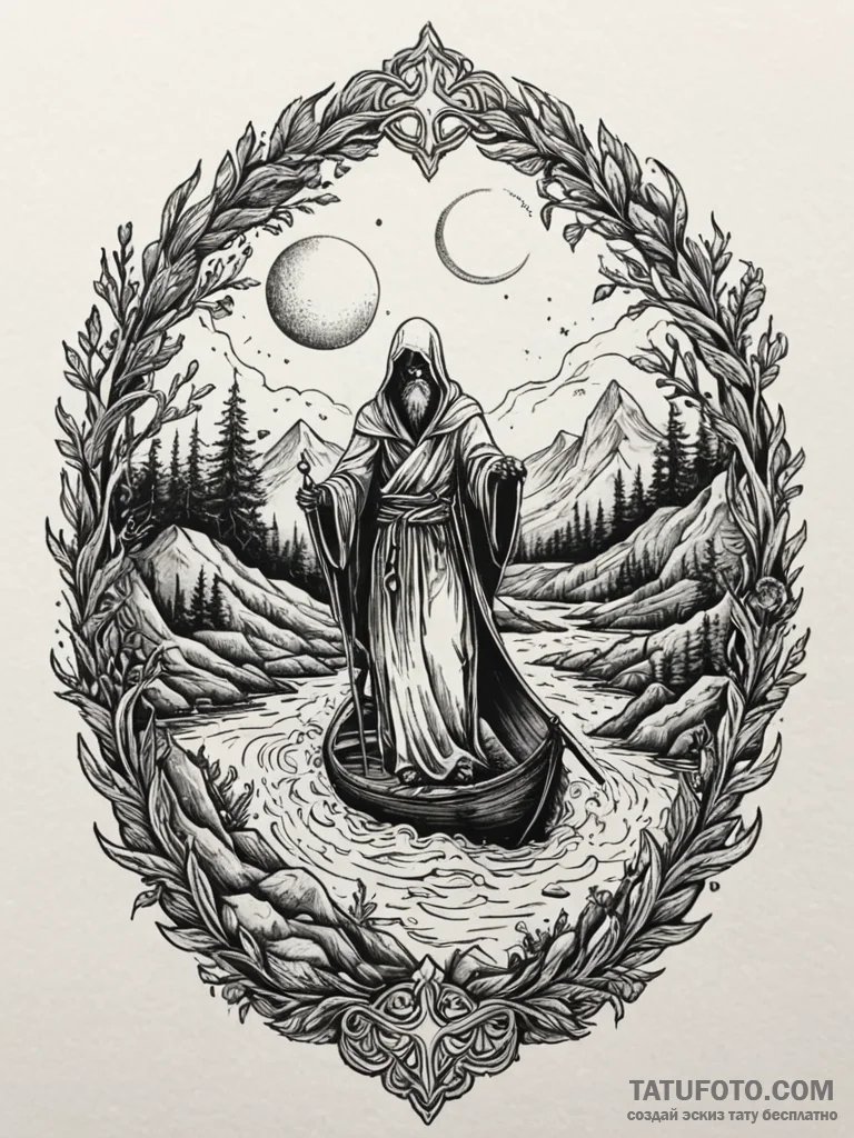 Charon on the river styx, ink illustration fo… — эскиз тату (№1752168360_0, 10.07.2025 17:26) — Tatufoto.com