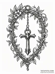 Old key hanging from thorned vine, ink illust... - эскиз тату (№1752170282_0, 10.07.2025 17:58) — Tatufoto.com