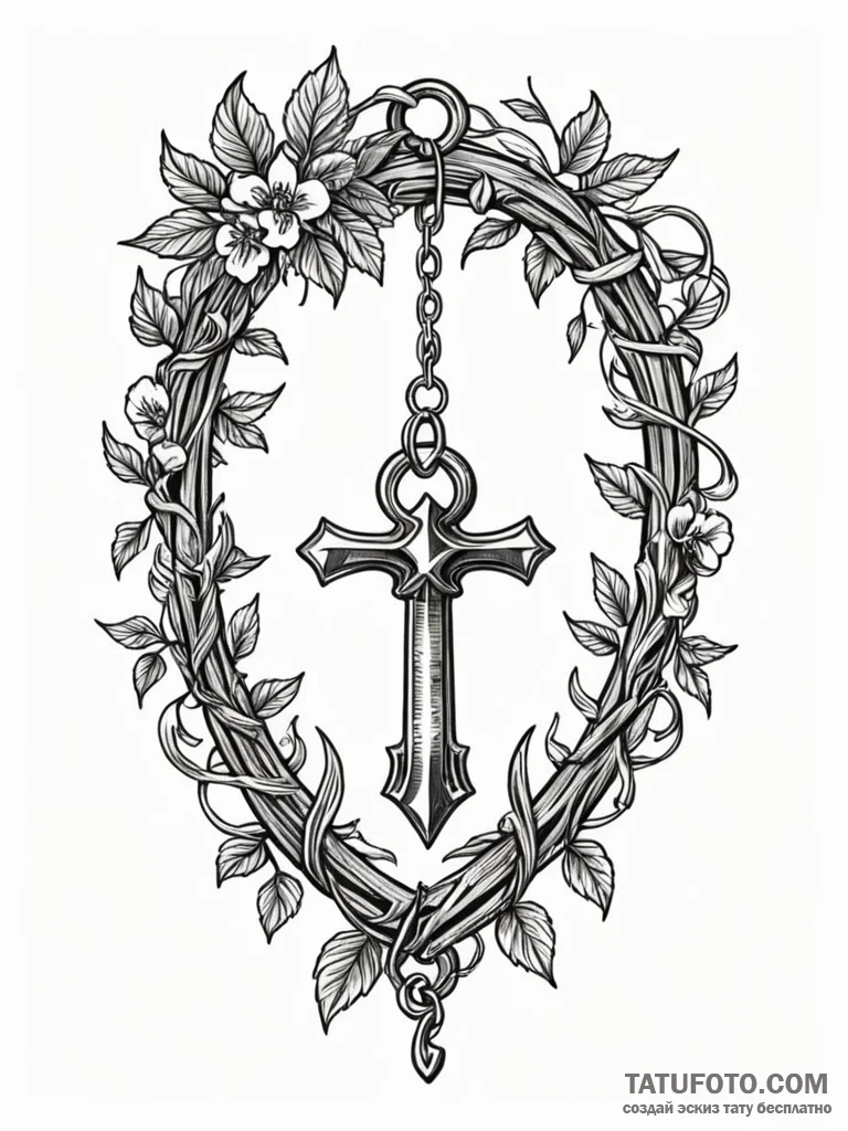 Old key hanging from thorned vine, ink illust… — эскиз тату (№1752170282_0, 10.07.2025 17:58) — Tatufoto.com