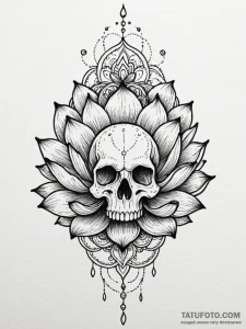 Lotus flower blooming through skull, artistic... - эскиз тату (№1752170617_0, 10.07.2025 18:03) — Tatufoto.com