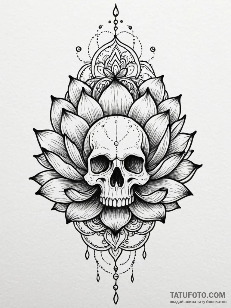 Lotus flower blooming through skull, artistic... - эскиз тату (№1752170617_0, 10.07.2025 18:03) — Tatufoto.com