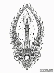 Sacred flame beneath celestial spire, tattoo... - эскиз тату (№1752171712_0, 10.07.2025 18:21) — Tatufoto.com