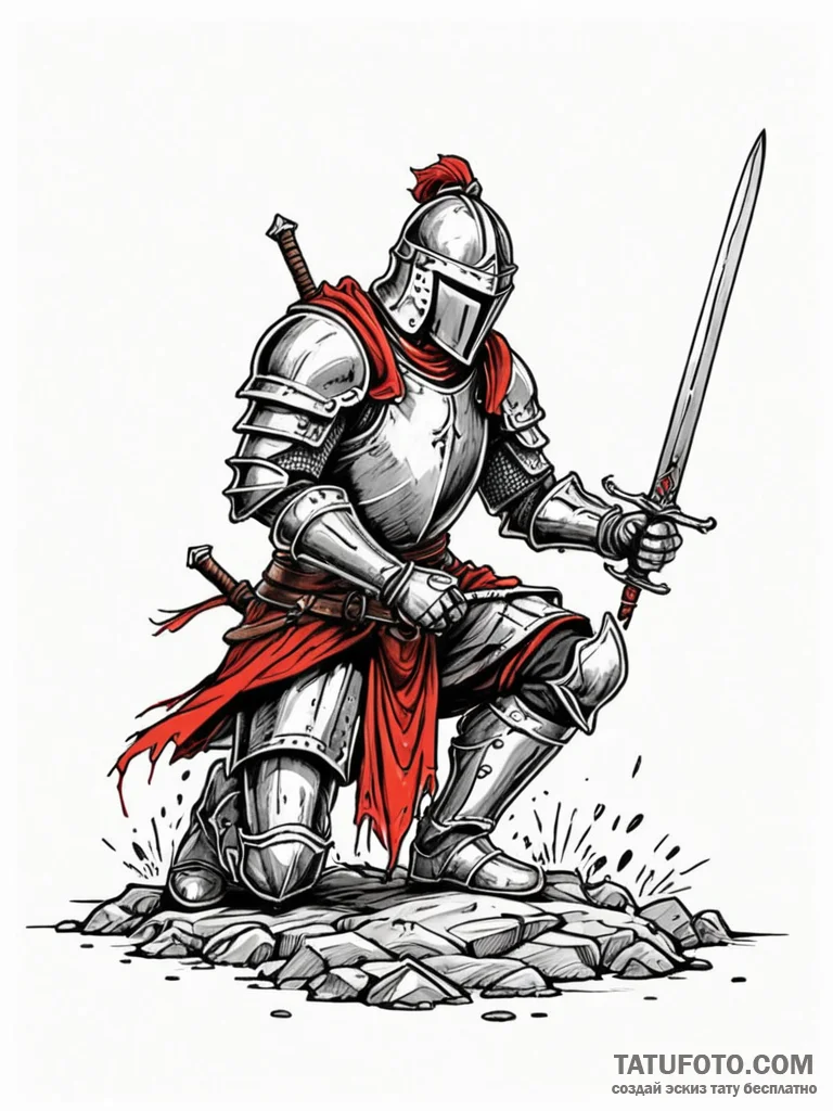 Ash-covered knight kneeling, sword plunged in... - эскиз тату (№1752171881_0, 10.07.2025 18:24) — Tatufoto.com
