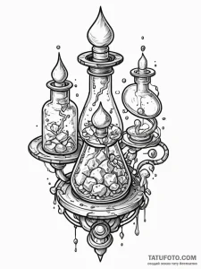 Alchemist with floating vials, tattoo drawing... - эскиз тату (№1752172893_0, 10.07.2025 18:41) — Tatufoto.com