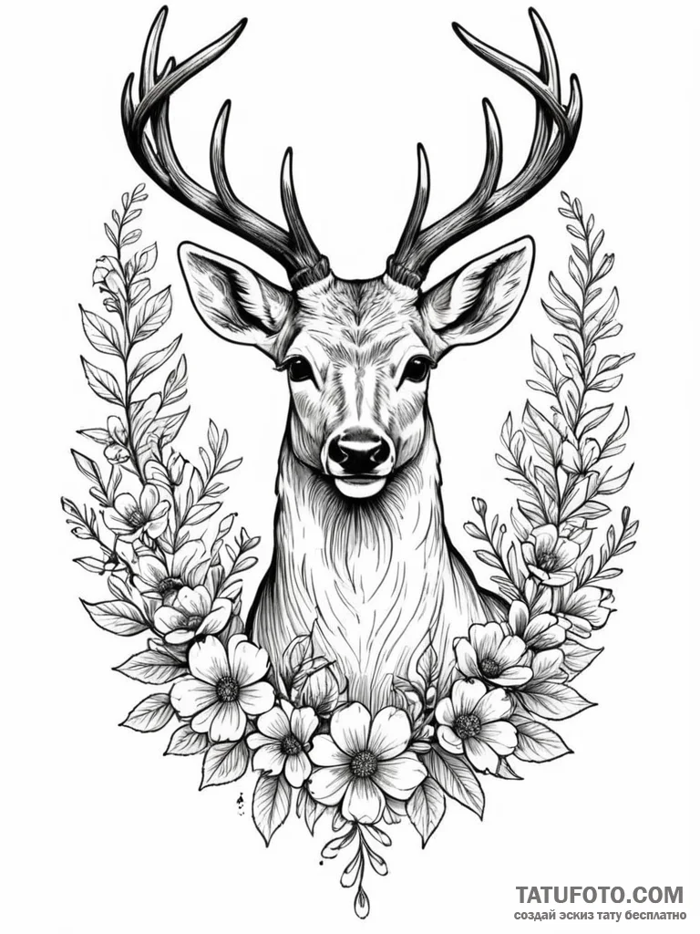 Angel deer crowned with flowers, tattoo drawi... - эскиз тату (№1752175004_0, 10.07.2025 19:16) — Tatufoto.com
