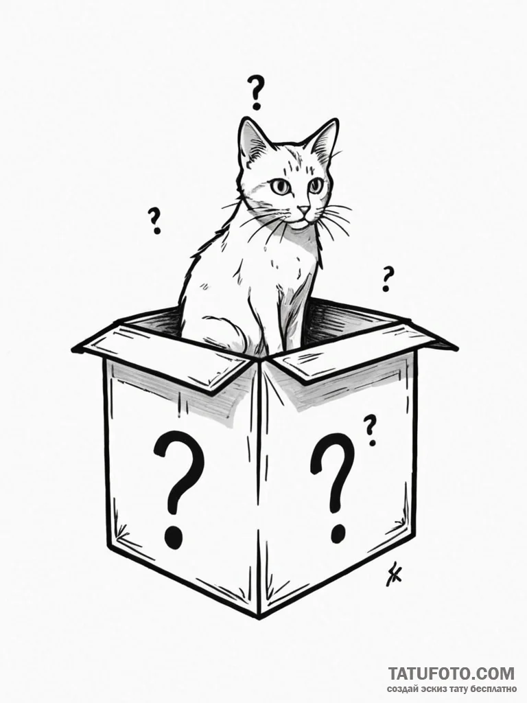Schrodinger’s cat (box with question mark) — эскиз тату (№1752175596_0, 10.07.2025 19:26) — Tatufoto.com