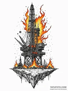 A powerful burning oil rig, disaster,, tattoo... - эскиз тату (№1752176607_0, 10.07.2025 19:43) — Tatufoto.com