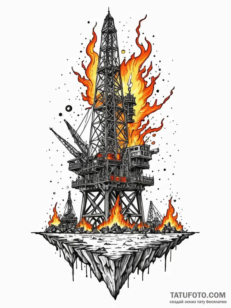 A powerful burning oil rig, disaster,, tattoo… — эскиз тату (№1752176607_0, 10.07.2025 19:43) — Tatufoto.com