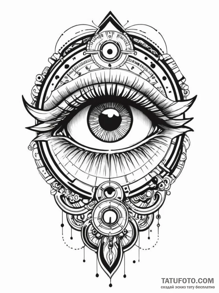 Eye of horus set within a mechanical iris, co… — эскиз тату (№1752177362_0, 10.07.2025 19:56) — Tatufoto.com
