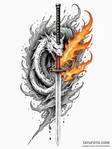 Katana blade devouring flame, ink illustratio... - эскиз тату (№1752178200_0, 10.07.2025 20:10) — Tatufoto.com