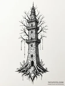 Mirror tower wrapped in roots, tattoo drawing... - эскиз тату (№1752178869_0, 10.07.2025 20:21) — Tatufoto.com