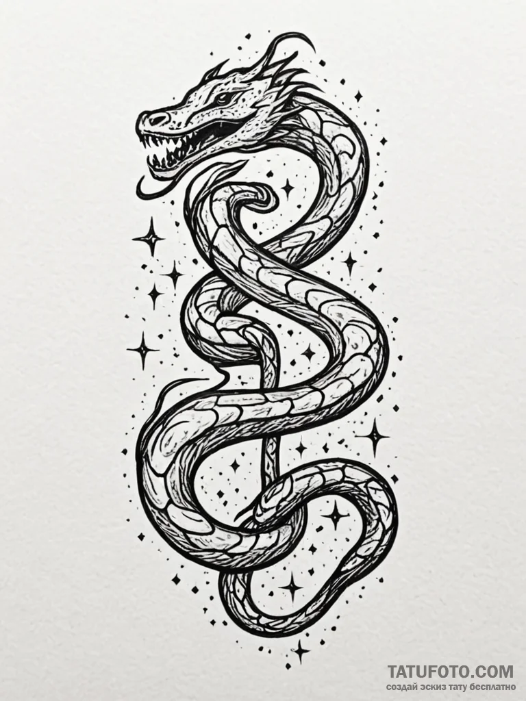 Glyph-etched serpent devouring starlight, ink… — эскиз тату (№1752180296_0, 10.07.2025 20:44) — Tatufoto.com