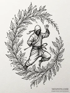Ninja disappearing into a swirl of leaves, ta... - эскиз тату (№1752180970_0, 10.07.2025 20:56) — Tatufoto.com