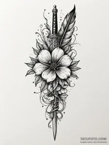 Feathered dagger through bone flower, ink ill... - эскиз тату (№1752181559_0, 10.07.2025 21:05) — Tatufoto.com