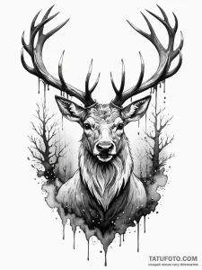 Arcane stag emerging from fog, tattoo flash s... - эскиз тату (№1752182731_0, 10.07.2025 21:25) — Tatufoto.com