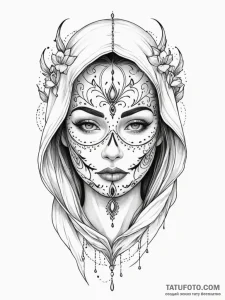 Painted mask beneath spectral veil, tattoo dr... - эскиз тату (№1752183067_0, 10.07.2025 21:31) — Tatufoto.com