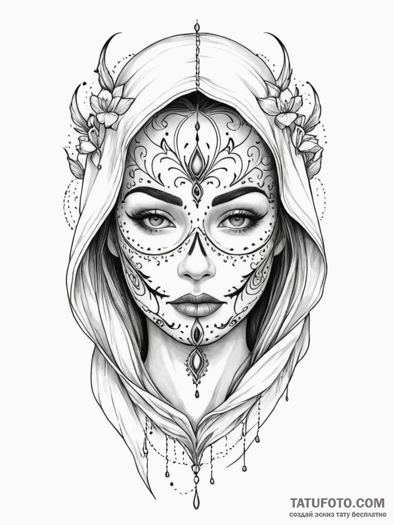 Painted mask beneath spectral veil, tattoo dr... - эскиз тату (№1752183067_0, 10.07.2025 21:31) — Tatufoto.com