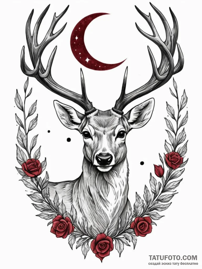 Ethereal deer beneath crimson moon, tattoo fl… — эскиз тату (№1752183738_0, 10.07.2025 21:42) — Tatufoto.com