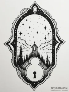 Night sky seen through a keyhole, tattoo line... - эскиз тату (№1752187101_0, 10.07.2025 22:38) — Tatufoto.com