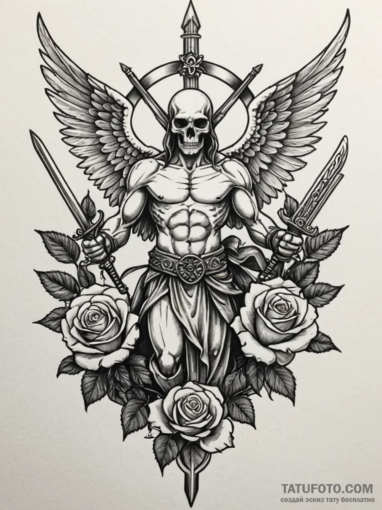 Angel warrior with dual swords, ink illustrat... - эскиз тату (№1752188619_0, 10.07.2025 23:03) — Tatufoto.com