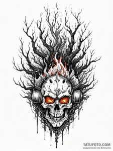 Flaming helm beneath shattered tree, ink illu... - эскиз тату (№1752189542_0, 10.07.2025 23:19) — Tatufoto.com