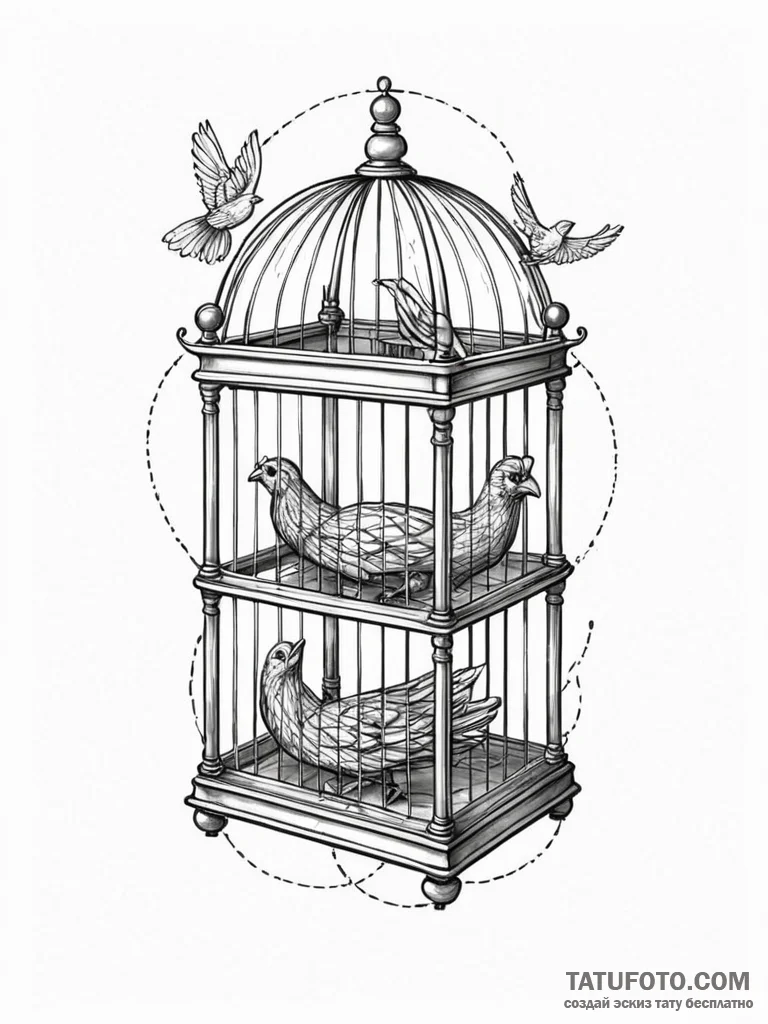 Birdcage made of twisted server racks, holdin… — эскиз тату (№1752190046_0, 10.07.2025 23:27) — Tatufoto.com