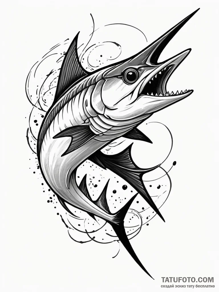 Swordfish with a nose like an obsidian blade,… — эскиз тату (№1752191053_0, 10.07.2025 23:44) — Tatufoto.com