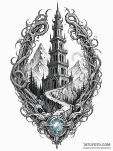 Glacial serpent beneath shattered spire, tatt... - эскиз тату (№1752191306_0, 10.07.2025 23:48) — Tatufoto.com