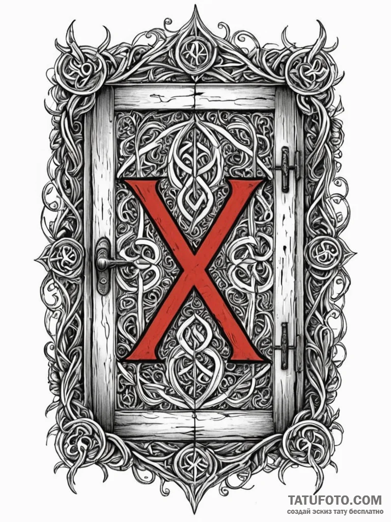 Broken door with rune markings, artistic tatt… — эскиз тату (№1752194572_0, 11.07.2025 00:42) — Tatufoto.com