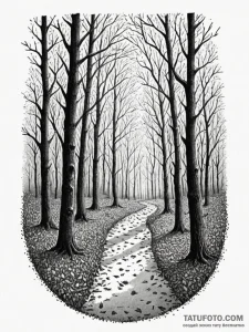An autumn forest path covered in fallen leave... - эскиз тату (№1752195576_0, 11.07.2025 00:59) — Tatufoto.com