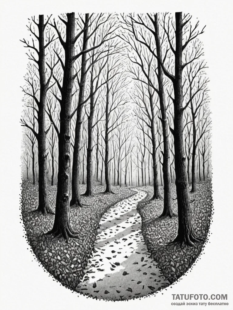 An autumn forest path covered in fallen leave… — эскиз тату (№1752195576_0, 11.07.2025 00:59) — Tatufoto.com