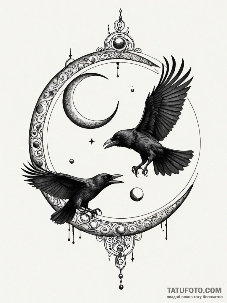Raven eye reflecting twin moons, artistic tat… — эскиз тату (№1752196329_0, 11.07.2025 01:12) — Tatufoto.com