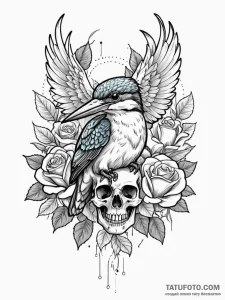 Kingfisher bird perched on skull, tattoo line... - эскиз тату (№1752198086_0, 11.07.2025 01:41) — Tatufoto.com