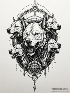 Armored cerberus with chains of smoldering ir... - эскиз тату (№1752198593_0, 11.07.2025 01:49) — Tatufoto.com