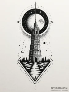Ruined tower beneath eclipsed moon, artistic... - эскиз тату (№1752201043_0, 11.07.2025 02:30) — Tatufoto.com